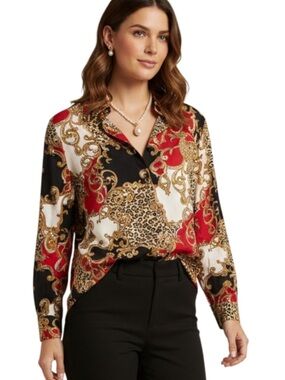 Chicos Tunic Blouse 3 XL Red Gold Leopard Paisley Cotton Button Up Rare